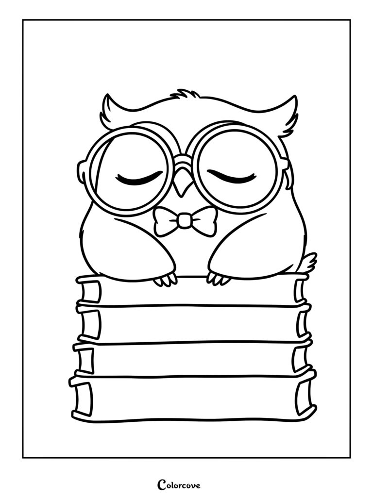 A cute owl wearing large round glasses and a bow tie sleeping on a stack of books in this printable coloring page.