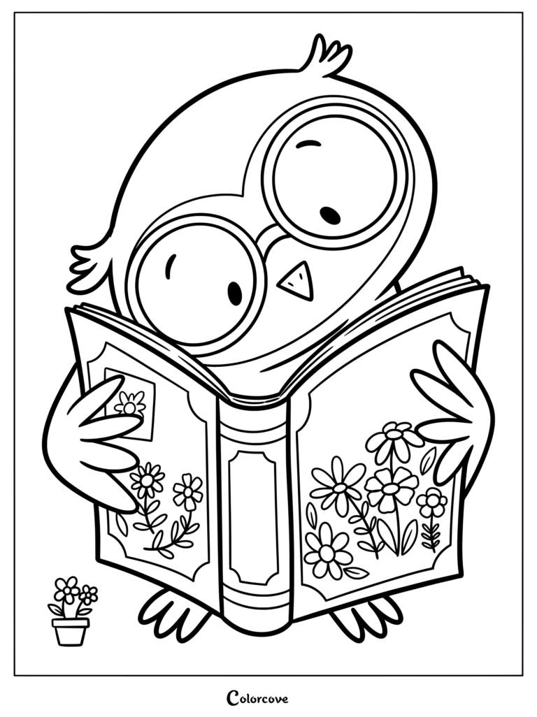 A cute owl wearing large round glasses holding an open book decorated with daisies, printable coloring page.