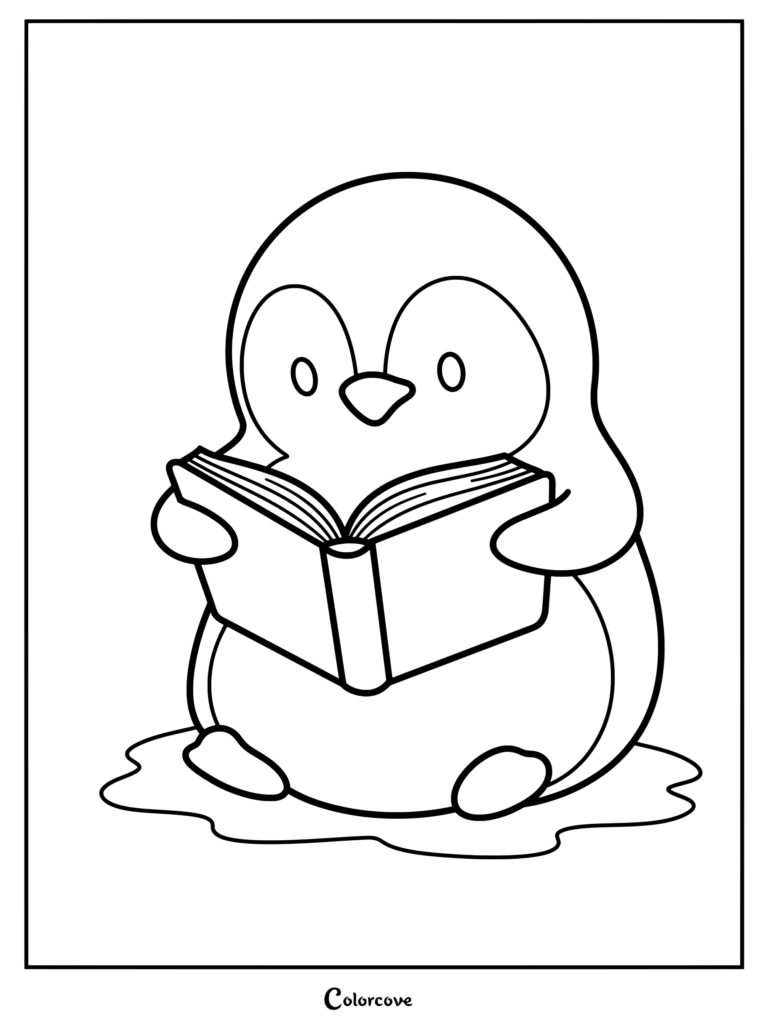 A simple line art coloring page of a round, cute penguin sitting on a small puddle and holding an open book.