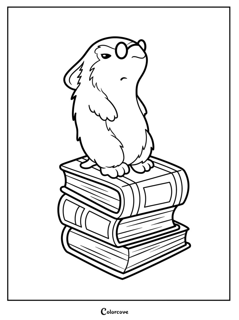 A cute hamster wearing round glasses standing on a stack of three books in this printable coloring page.