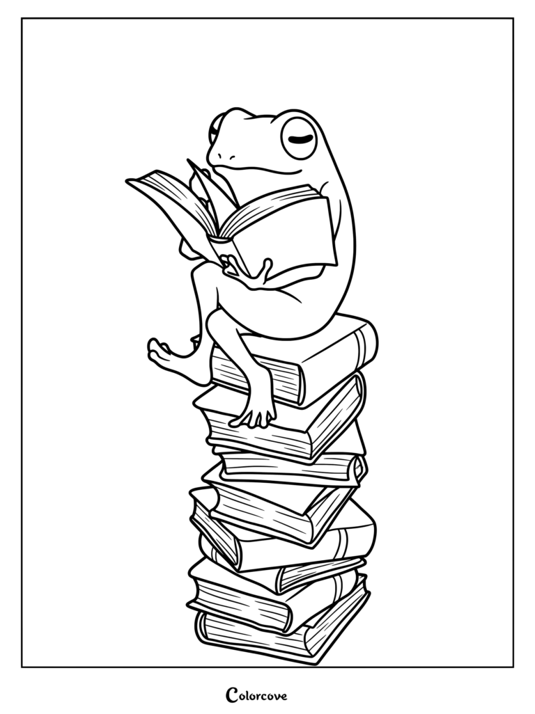 A cute frog sitting on a tall stack of books reading an open book, line art coloring page.