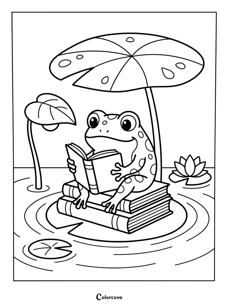 A cute spotted frog sitting on a stack of books under a large lily pad umbrella, reading a book in a pond, printable coloring page.