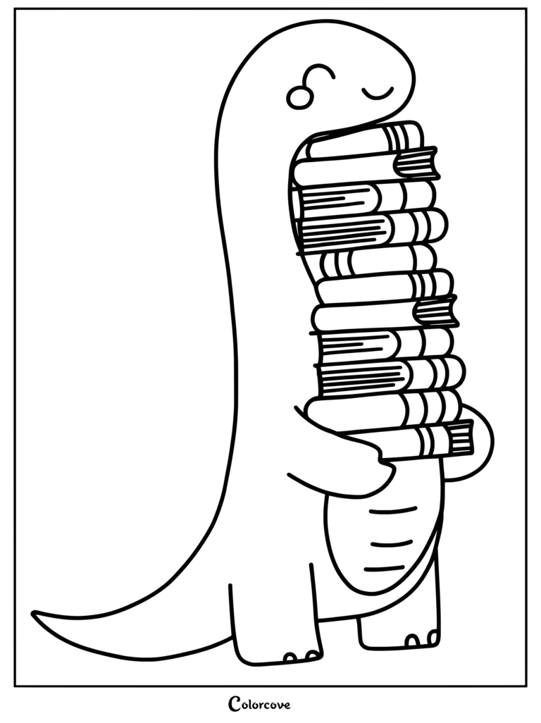 A cute cartoon dinosaur holding a tall stack of books in this printable coloring page.
