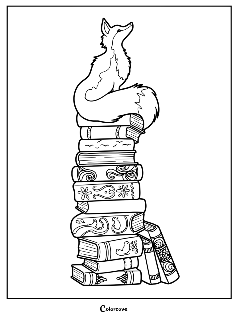 A line art coloring page featuring a fox sitting atop a tall, decorative stack of patterned books.