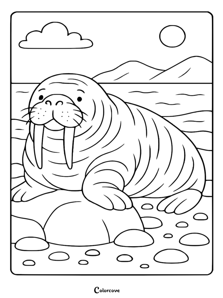 Cute Arctic Animals coloring page featuring a walrus resting on a rocky shore with mountains in the background.