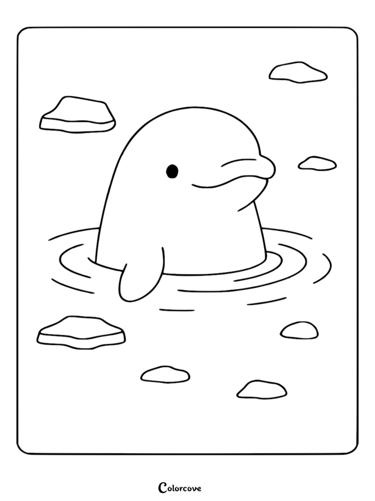 A cute beluga whale swimming in icy arctic waters, featured on a printable coloring page.