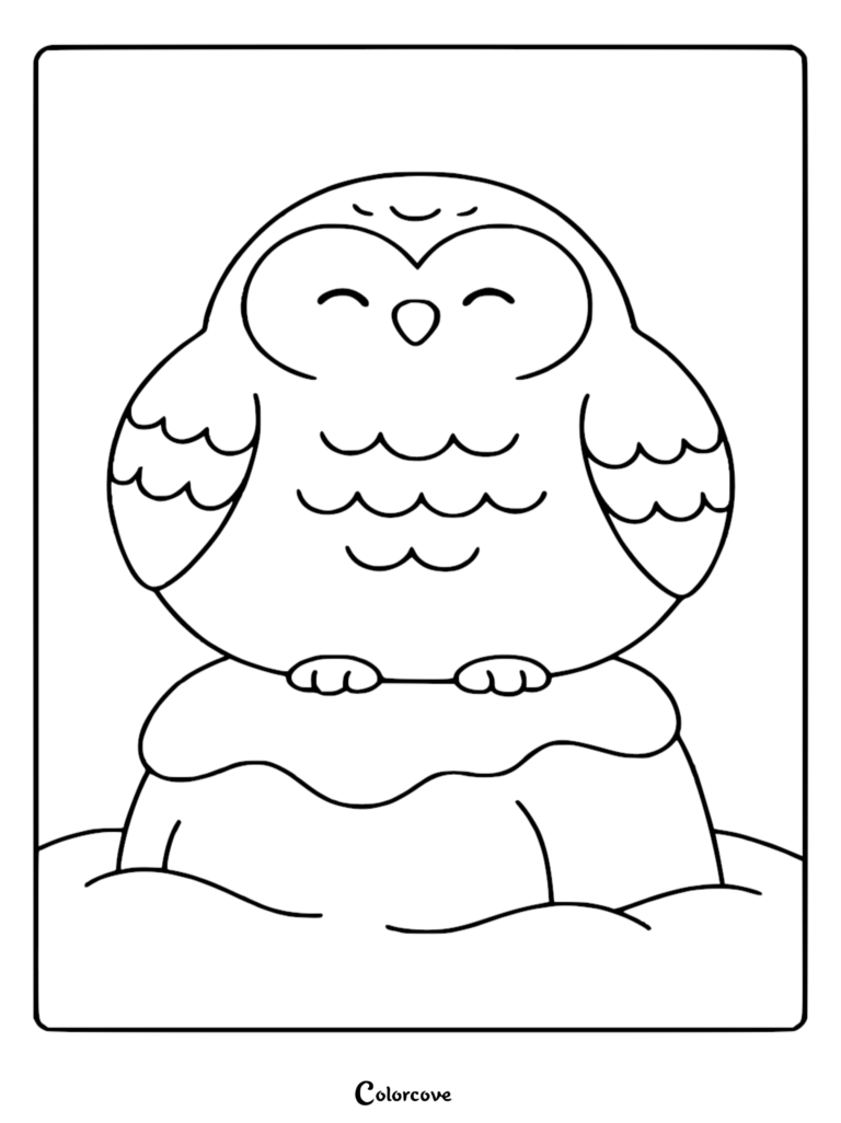 A cute arctic owl sitting on a snowy rock in this free printable coloring page.