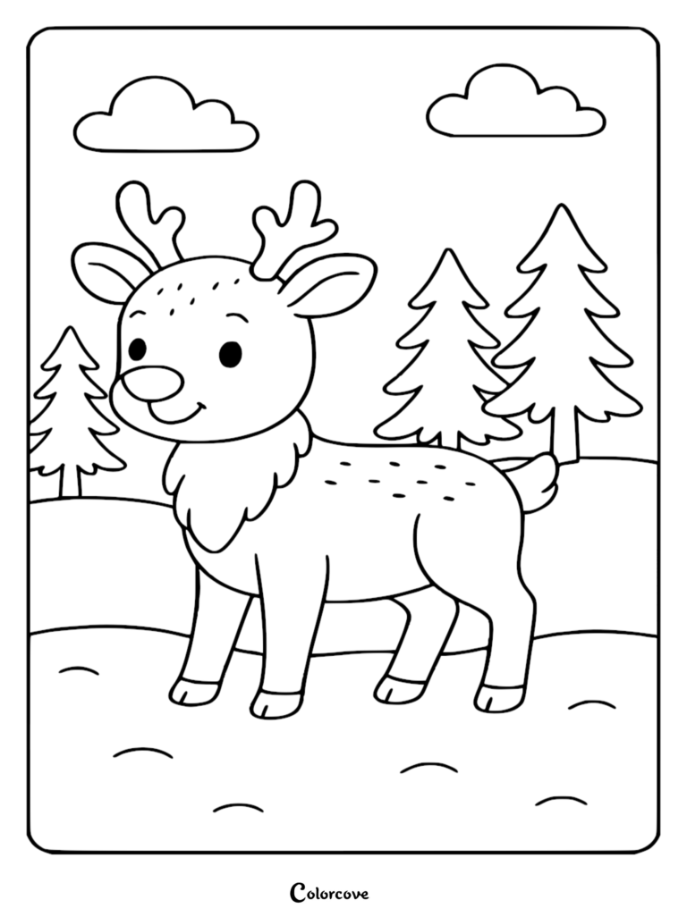 A cute reindeer standing in a snowy forest scene, featured in a printable coloring page.