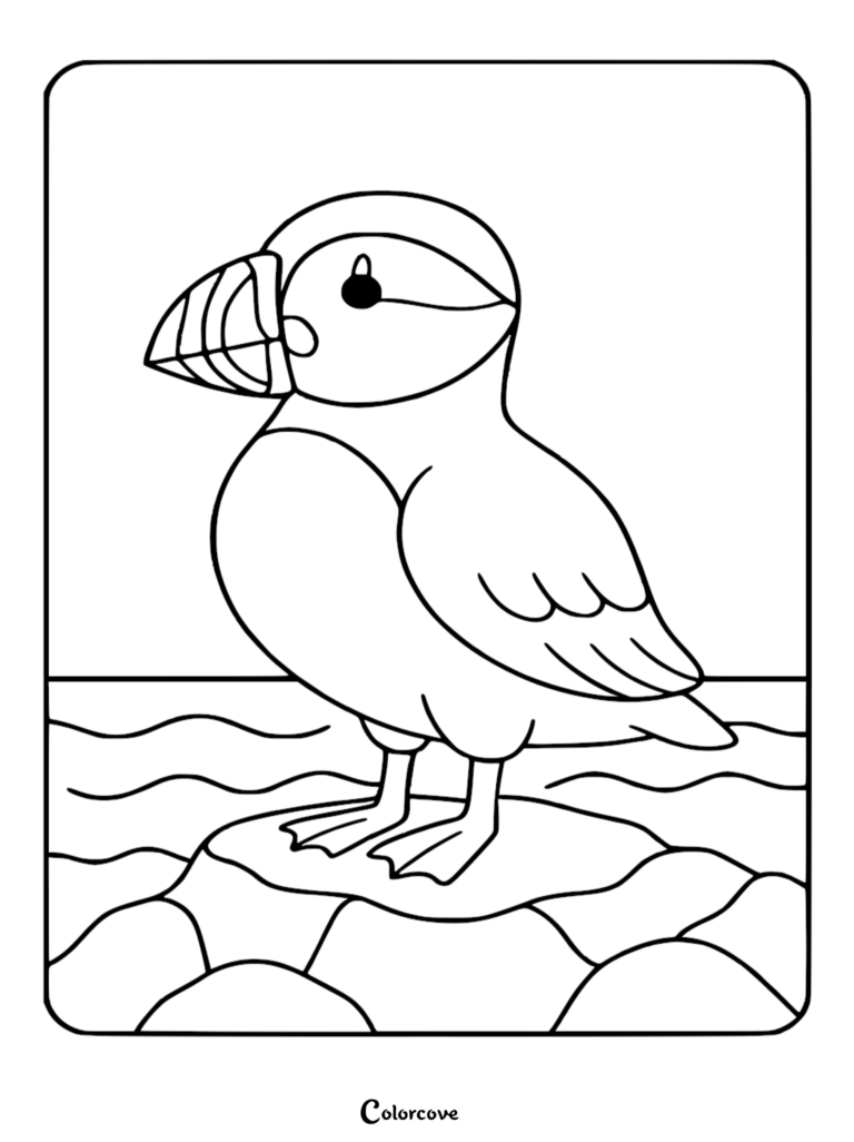 A cute puffin standing on a rocky shore in this free printable coloring page.