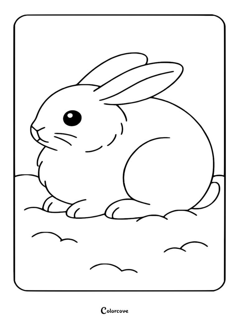 A simple line art coloring page of a cute arctic bunny sitting in the snow.