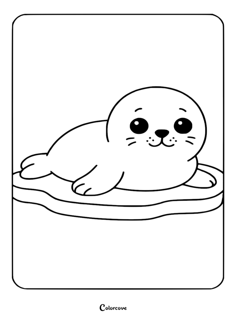 A cute baby seal resting on a small ice floe in this printable coloring page.