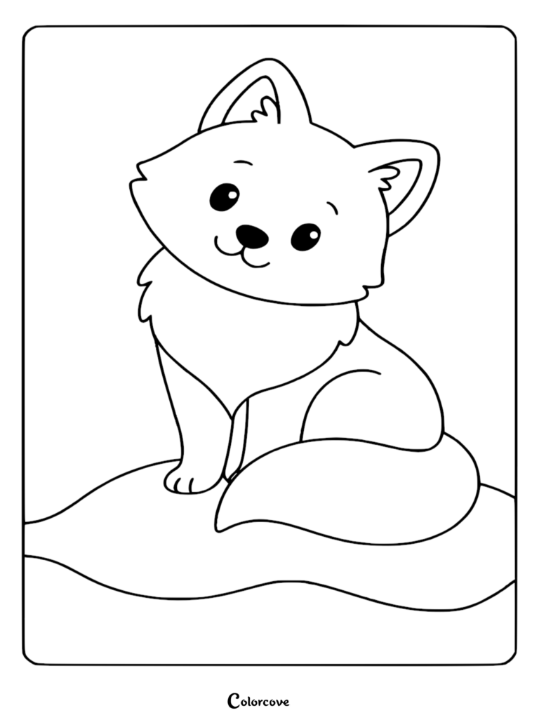 A cute arctic fox sitting on a snowy mound in this free printable coloring page.