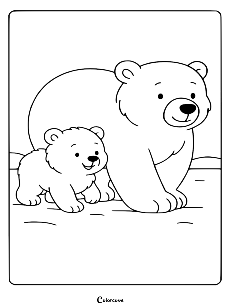 A mother polar bear walking with her cub in the snow on this printable coloring page.