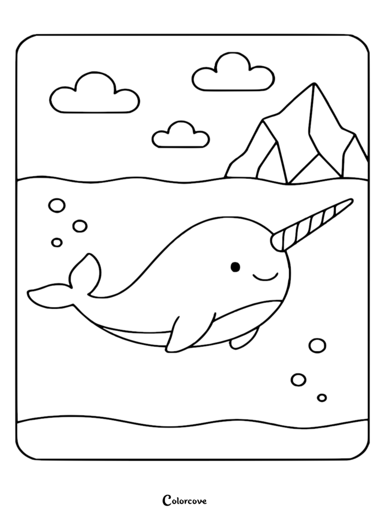 A cute narwhal swimming underwater near an iceberg in this free printable coloring page.
