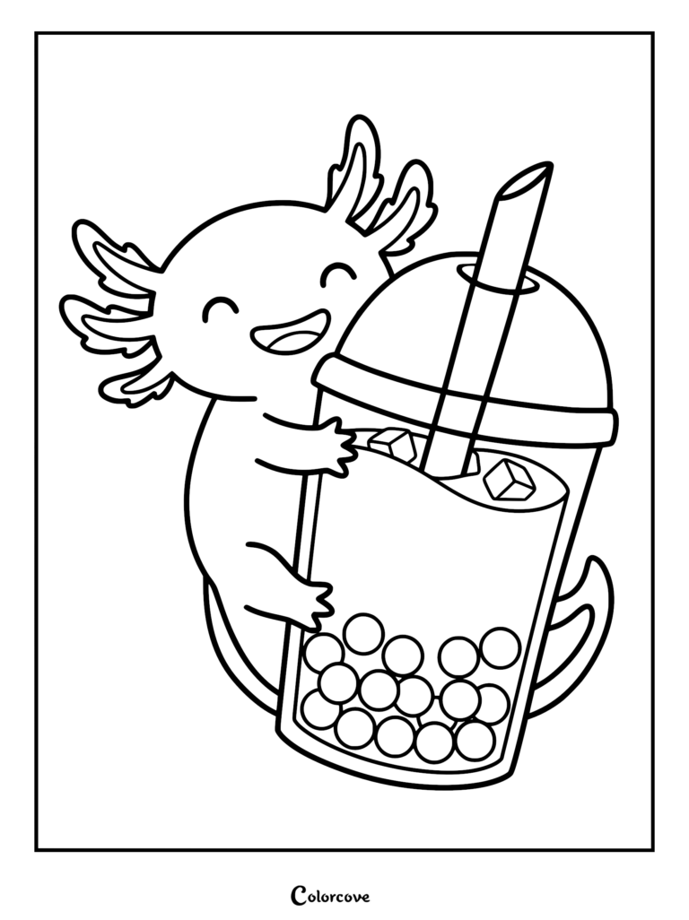 Un ajolote feliz y sonriente abrazando una taza grande de té boba, con perlas de boba y cubitos de hielo, en un dibujo para colorear de arte lineal limpio.