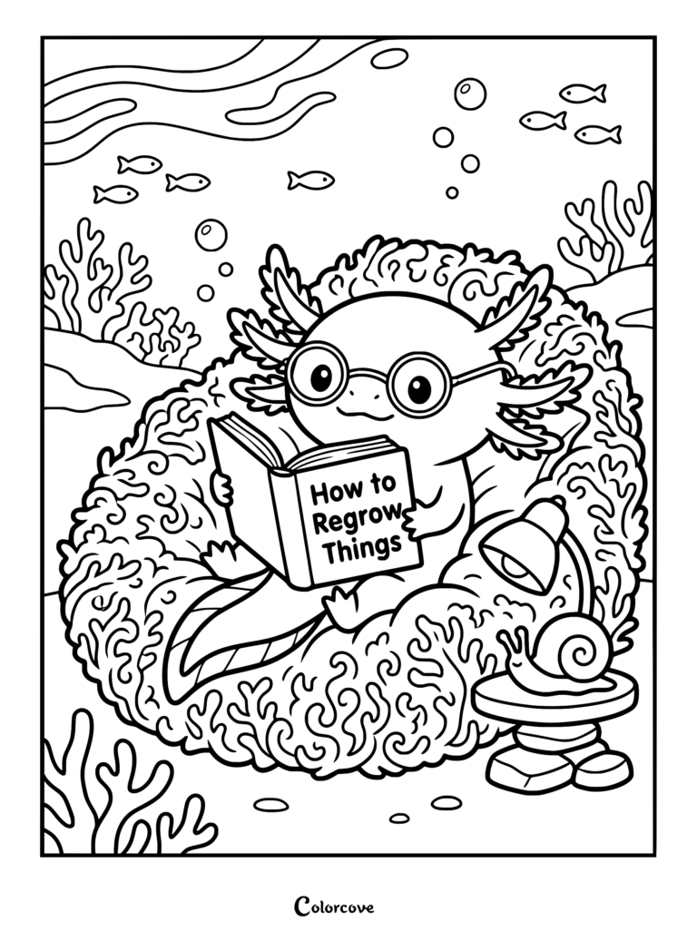 Un tierno ajolote con gafas redondas sentado en el coral mientras lee un libro titulado Cómo hacer crecer las cosas nuevamente en esta página para colorear con temática submarina que incluye un caracol en una mesa auxiliar.