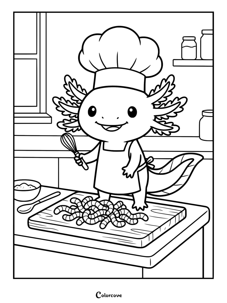 Un tierno ajolote que lleva un sombrero de chef y un delantal sosteniendo un batidor, de pie en el mostrador de la cocina junto a un montón de lombrices de tierra en una tabla de cortar, página para colorear imprimible.