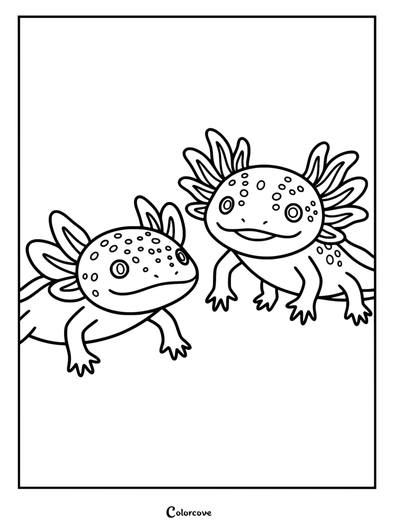 Una página para colorear imprimible con dos adorables ajolotes manchados uno al lado del otro con grandes branquias plumosas.