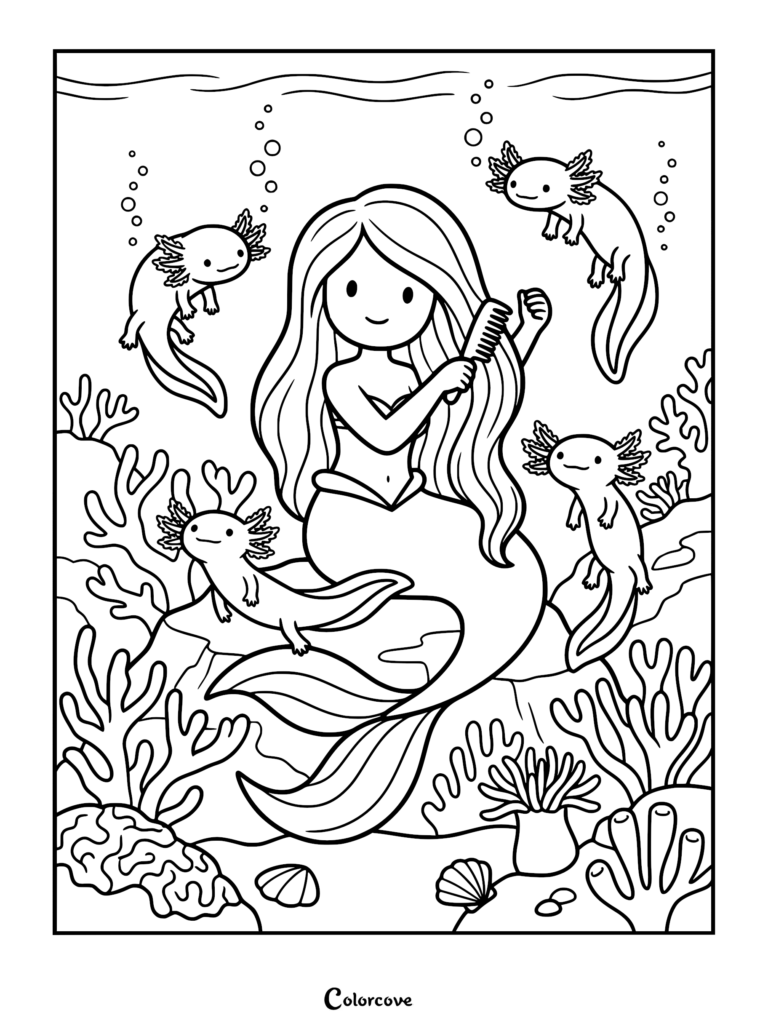 Una linda sirena cepillándose el cabello largo bajo el agua, rodeada de tres ajolotes sonrientes en una escena de arrecife de coral, dibujo para colorear en blanco y negro.