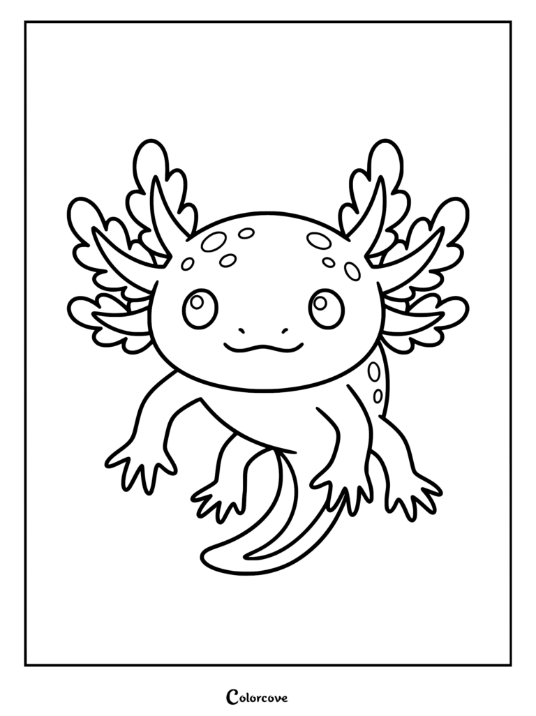 Un amigable y tierno ajolote con grandes branquias plumosas y piel manchada, presentado como una página para colorear simple de arte lineal en blanco y negro.