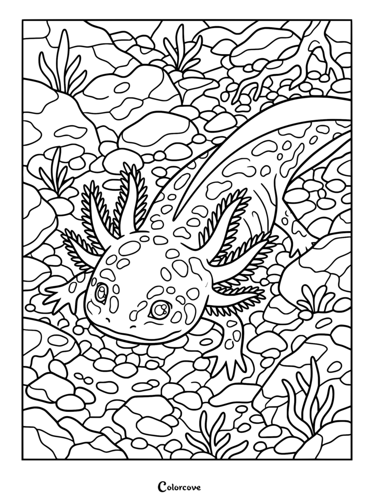 Una página para colorear detallada con un tierno ajolote manchado nadando entre rocas y plantas acuáticas en el fondo de un río.