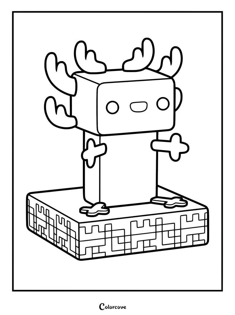 Una página para colorear de un ajolote cúbico inspirado en Minecraft parado sobre un bloque de piedra con textura detallada.