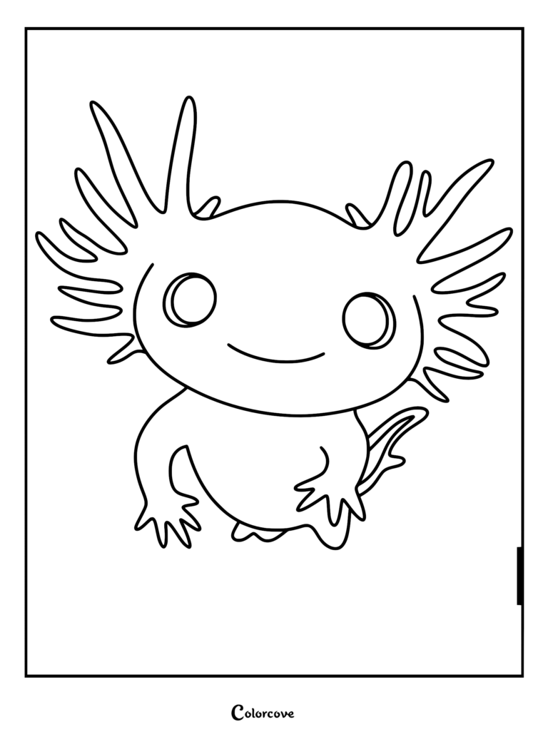 Una página para colorear simple en blanco y negro con un tierno ajolote de ojos grandes y branquias plumosas prominentes.