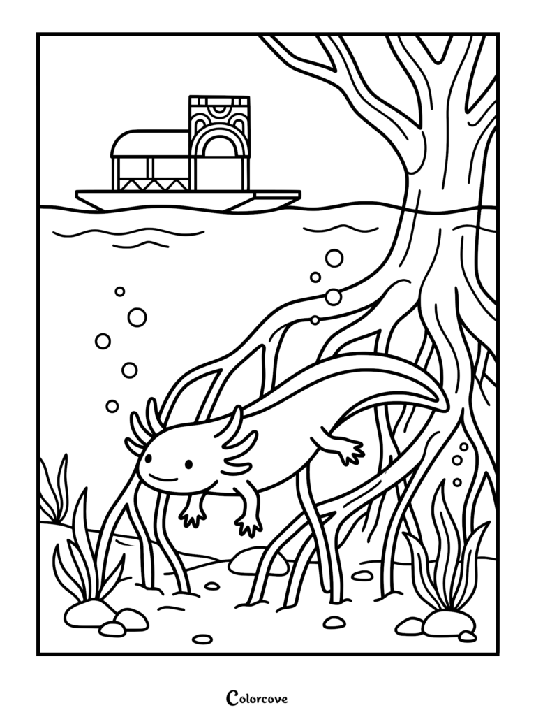 Un tierno ajolote nadando bajo el agua cerca de raíces de manglar con un botecito flotando en la superficie del agua, página para colorear de arte lineal detallado.