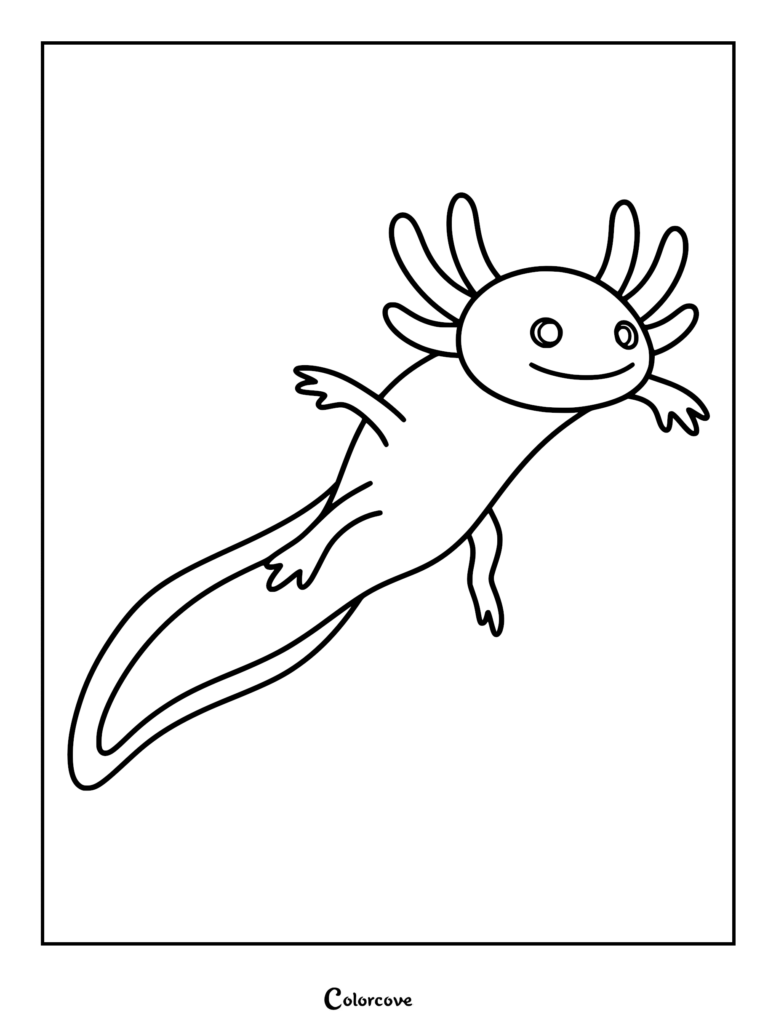 Página para colorear de arte lineal simple de un tierno ajolote sonriente con branquias plumosas nadando a través del agua