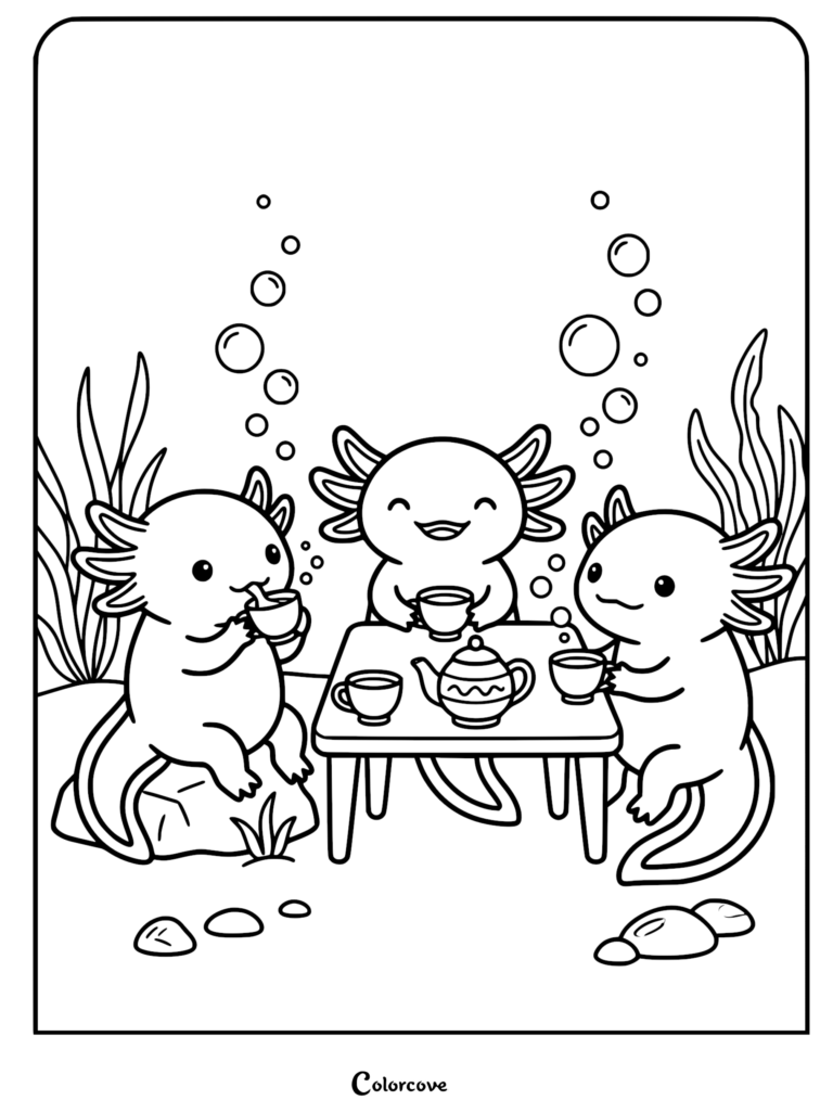 Tres adorables ajolotes con branquias externas plumosas tomando el té bajo el agua, con una pequeña mesa, tetera, tazas, burbujas y plantas acuáticas en este dibujo para colorear de ajolote.