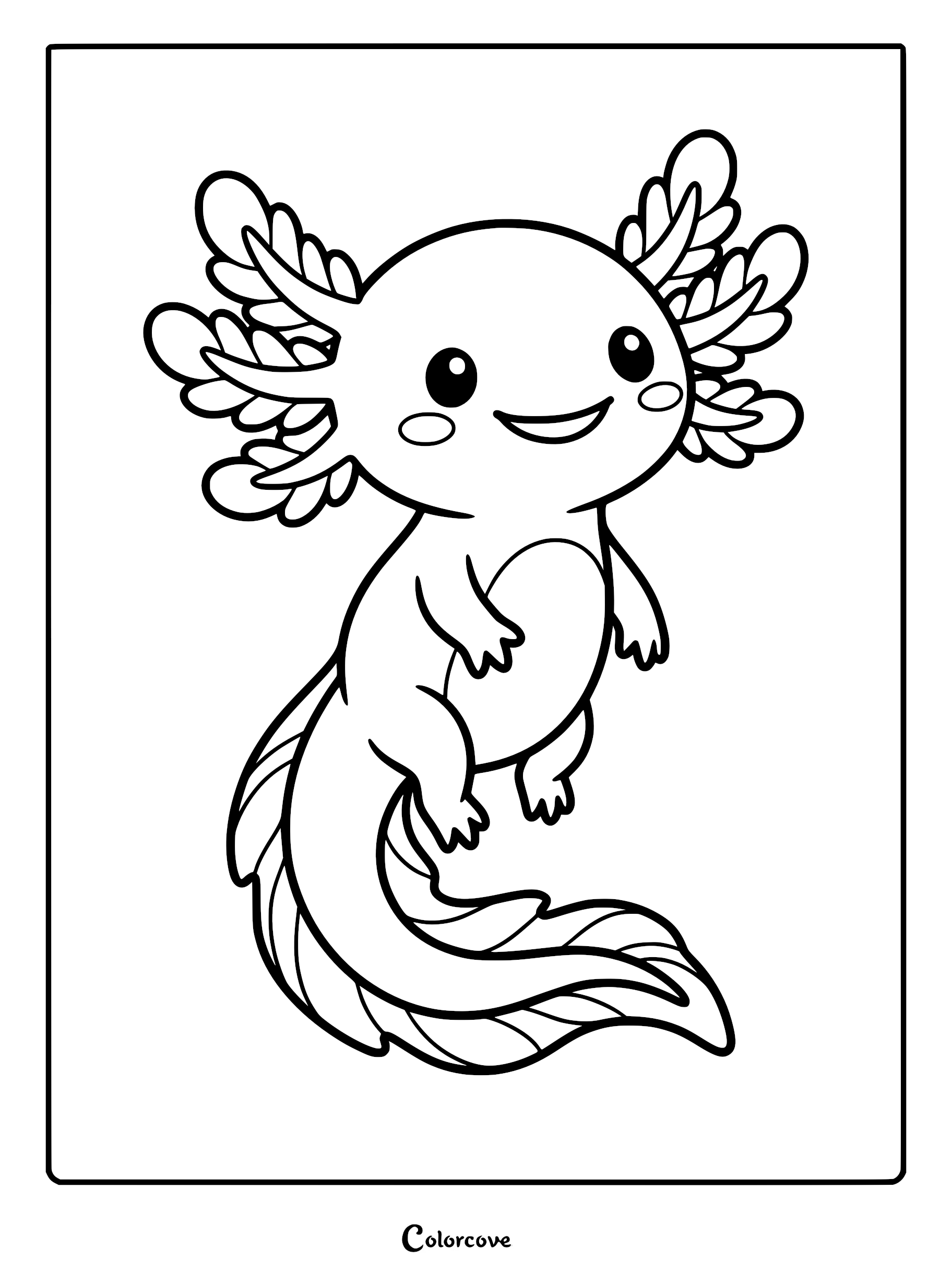 A simple line art coloring page featuring a smiling axolotl with large feathery gills and a long curved tail.