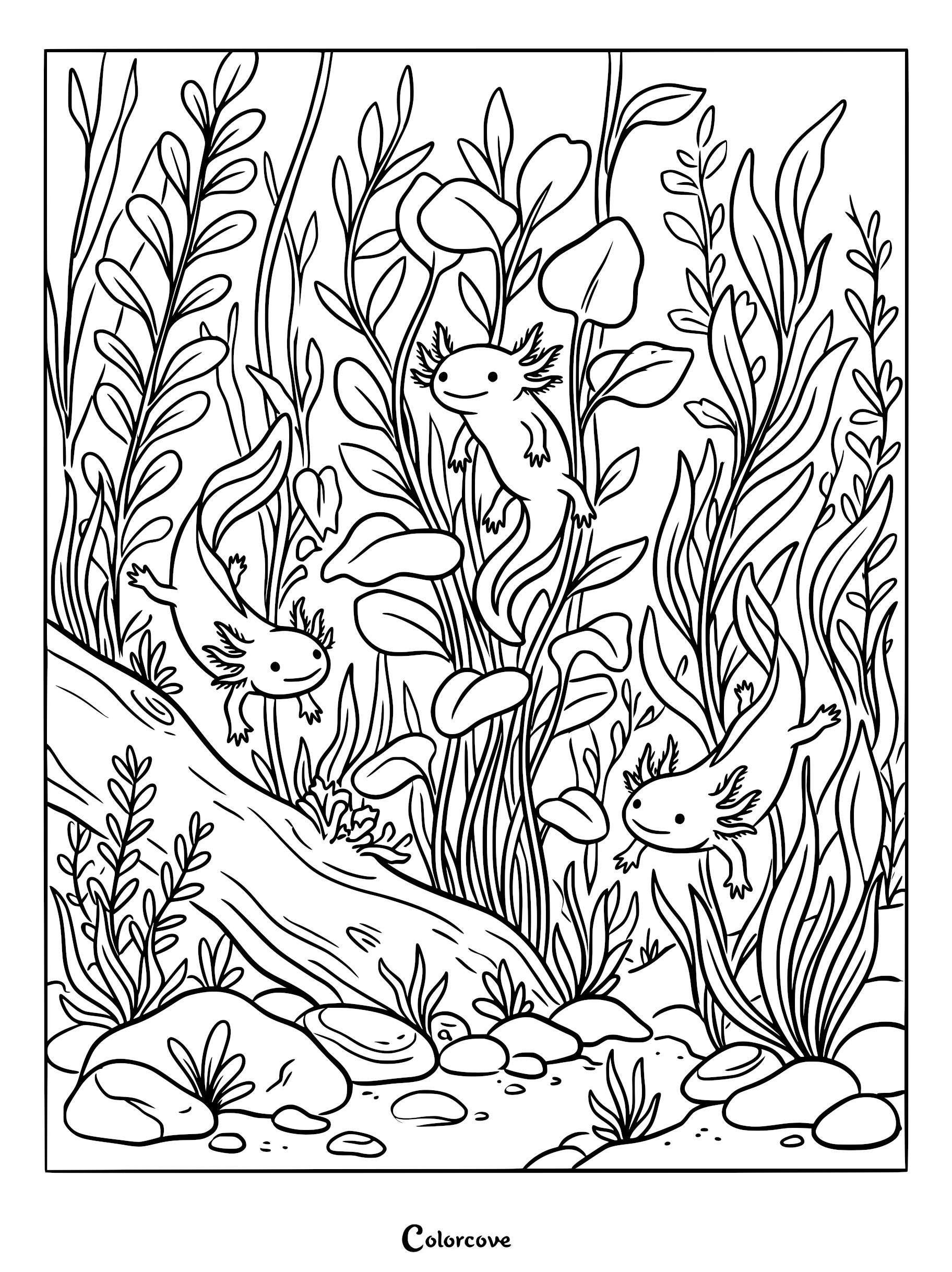 Three cute axolotls swimming among aquatic plants, rocks, and a fallen log in this detailed coloring page.