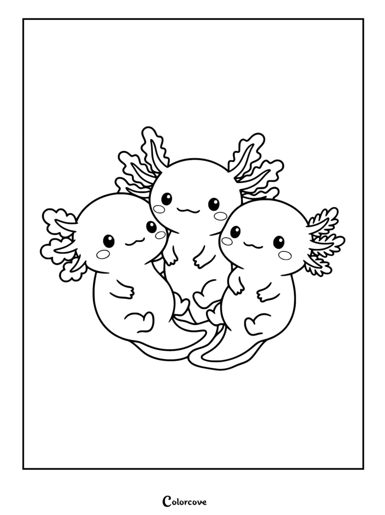Tres adorables ajolotes acurrucados en un estilo simple de página para colorear de arte lineal.