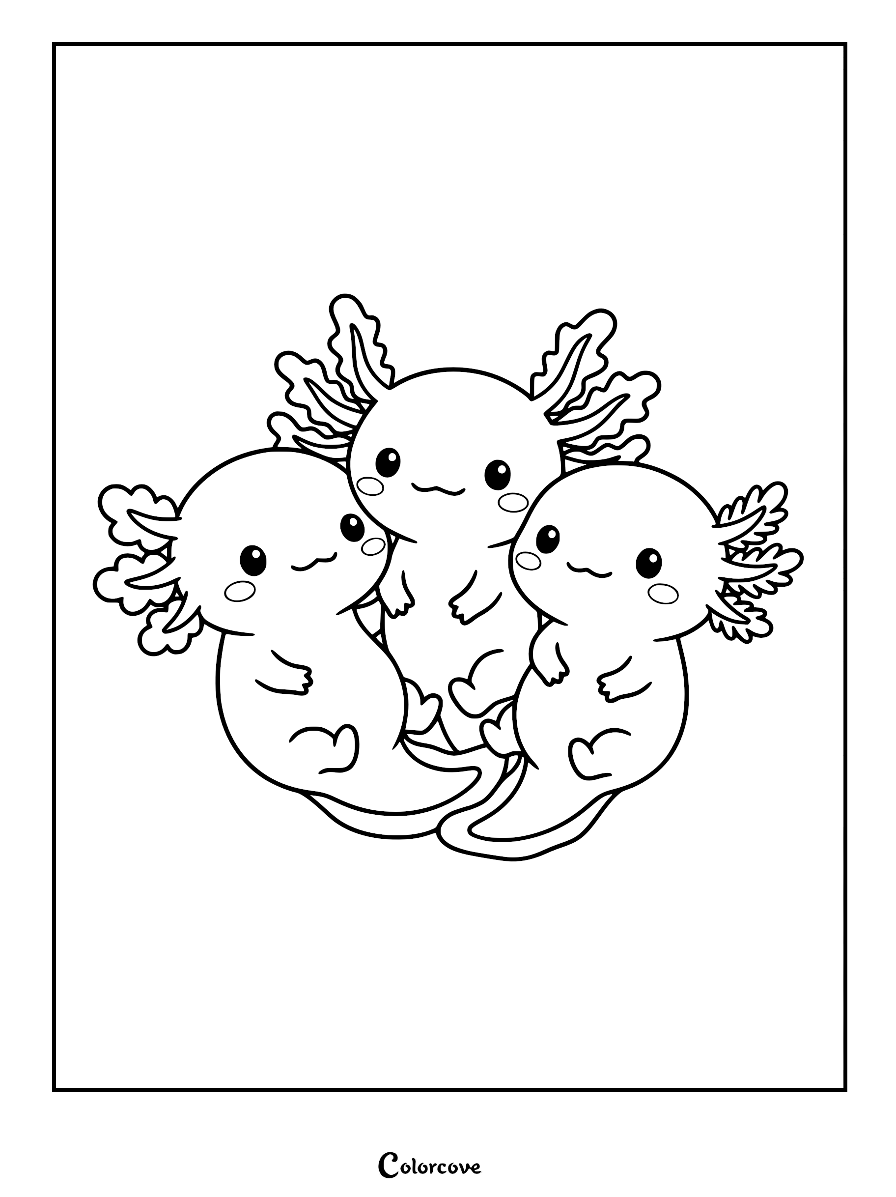 Three adorable axolotls huddled together in a simple line art coloring page style.