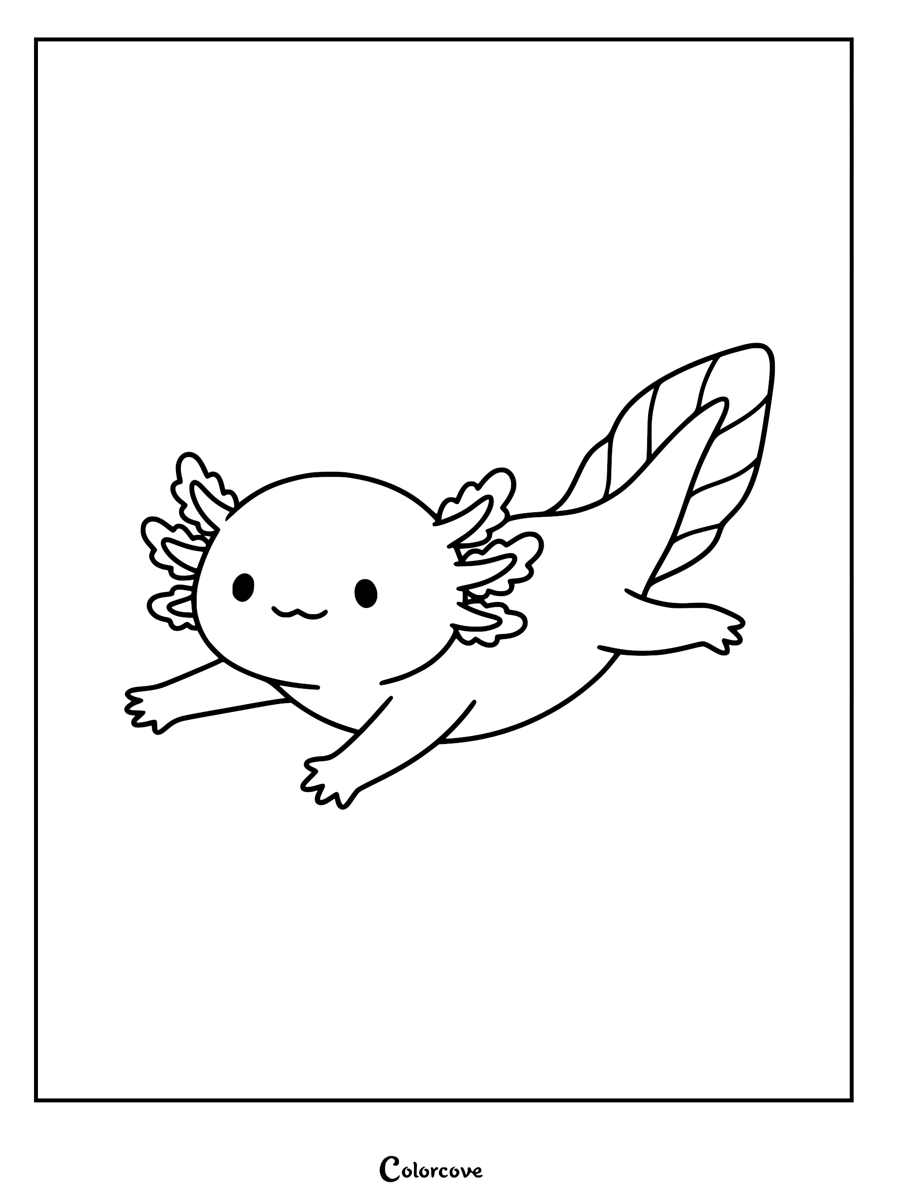 A simple line art coloring page of a cute axolotl swimming with a happy expression and detailed feathery gills.
