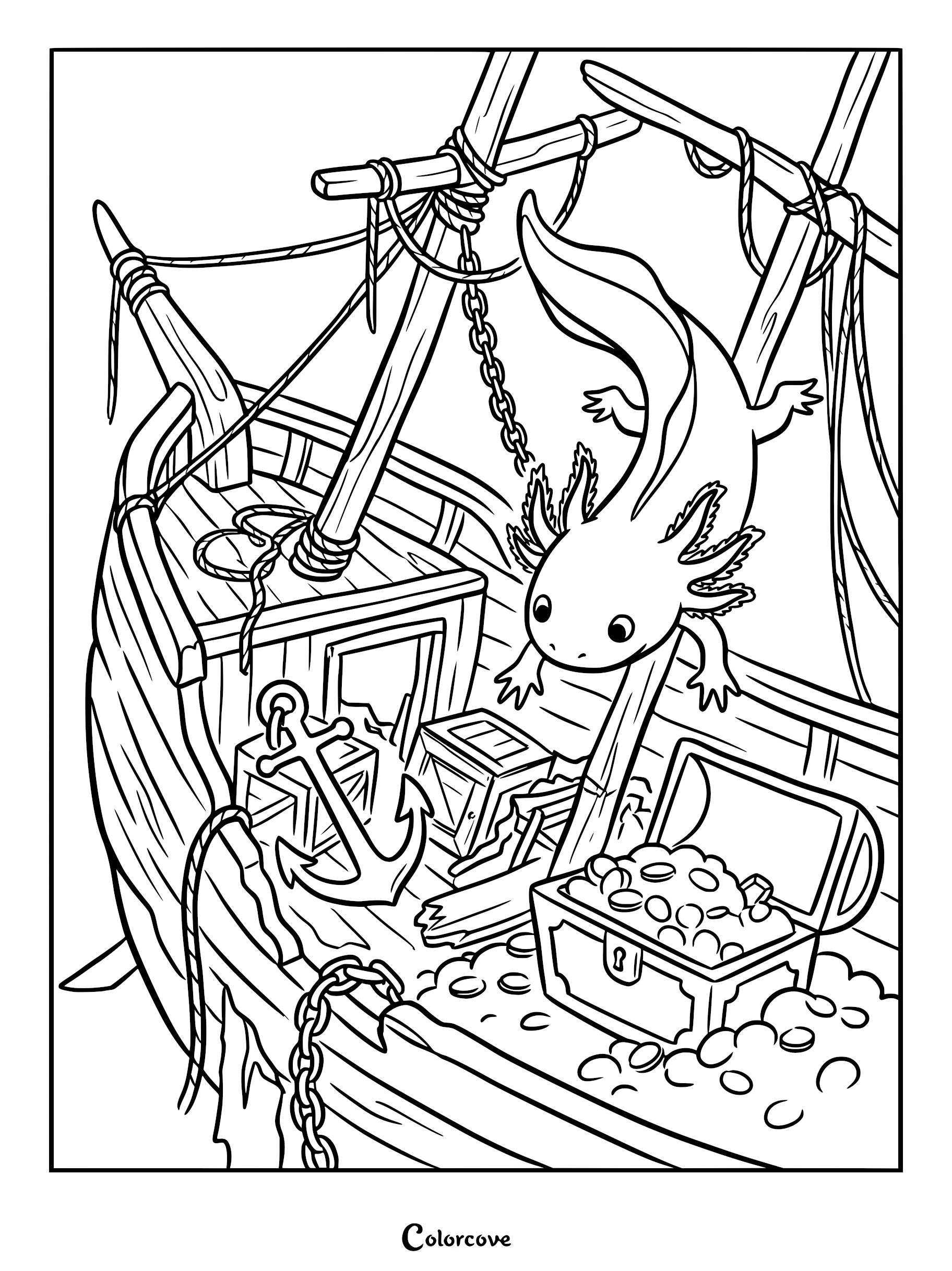 A cute axolotl swimming near a treasure chest on a wooden pirate ship deck in this printable coloring page.