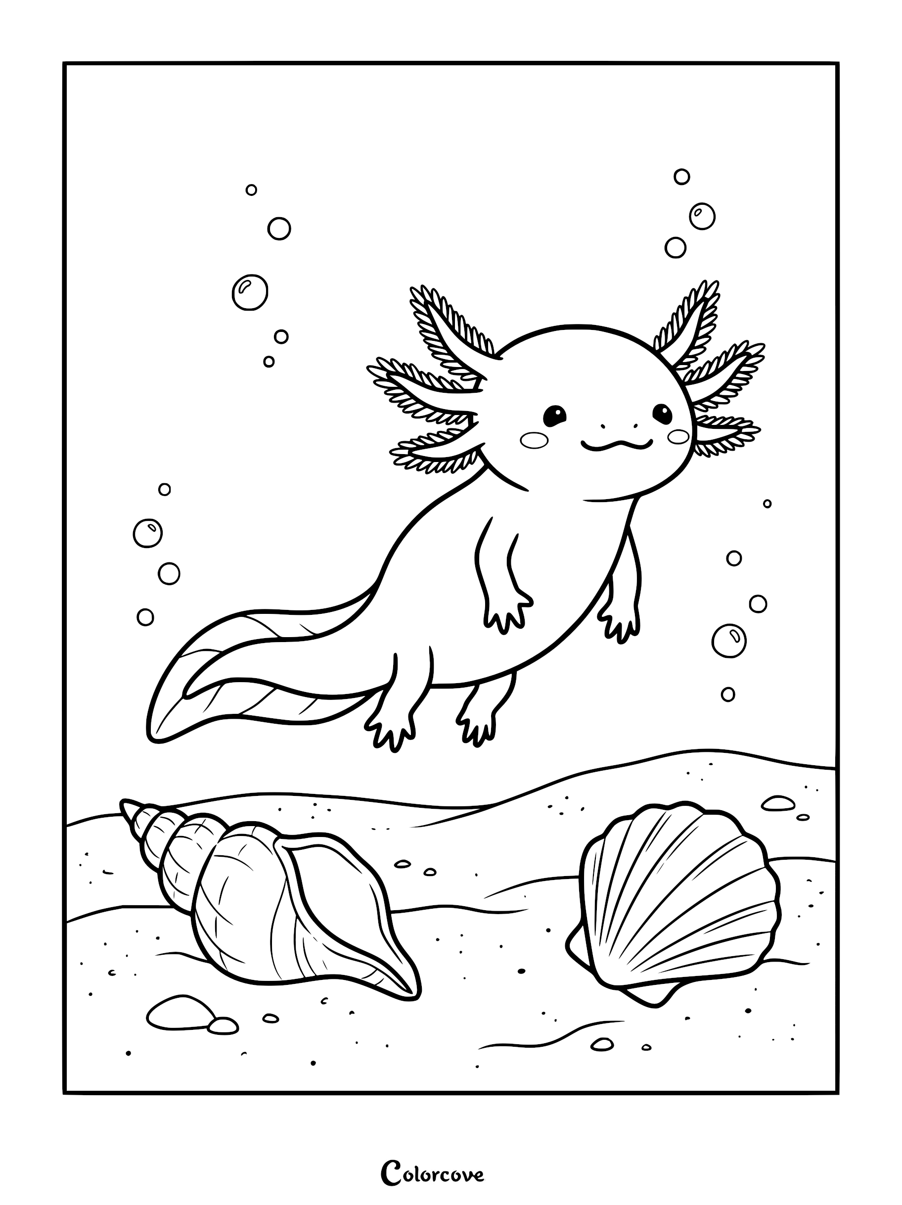 A cute axolotl swimming underwater with bubbles and seashells in this printable coloring page.