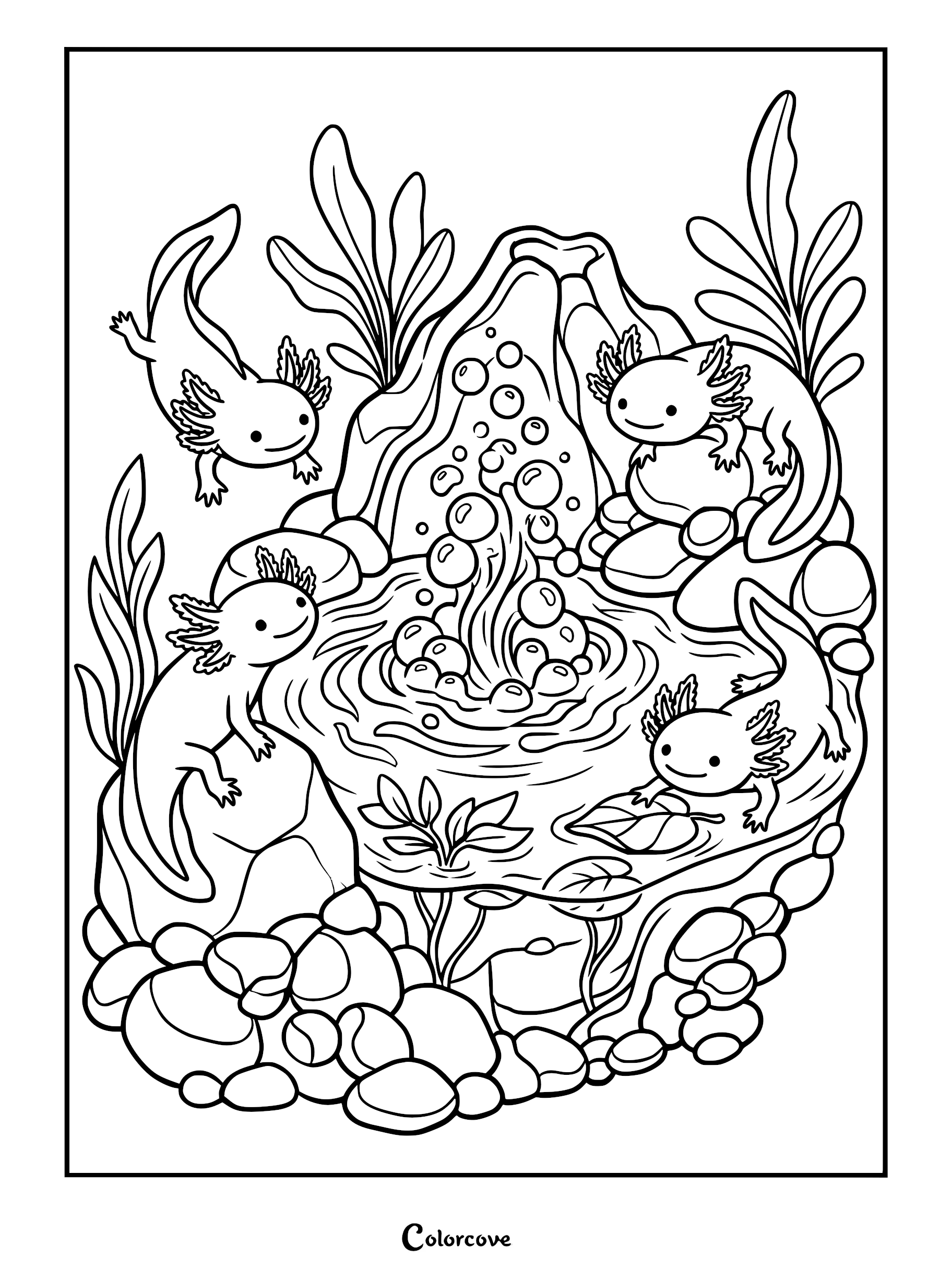 Four cute axolotls swimming and sitting on rocks around a bubbling pond in this printable coloring page.