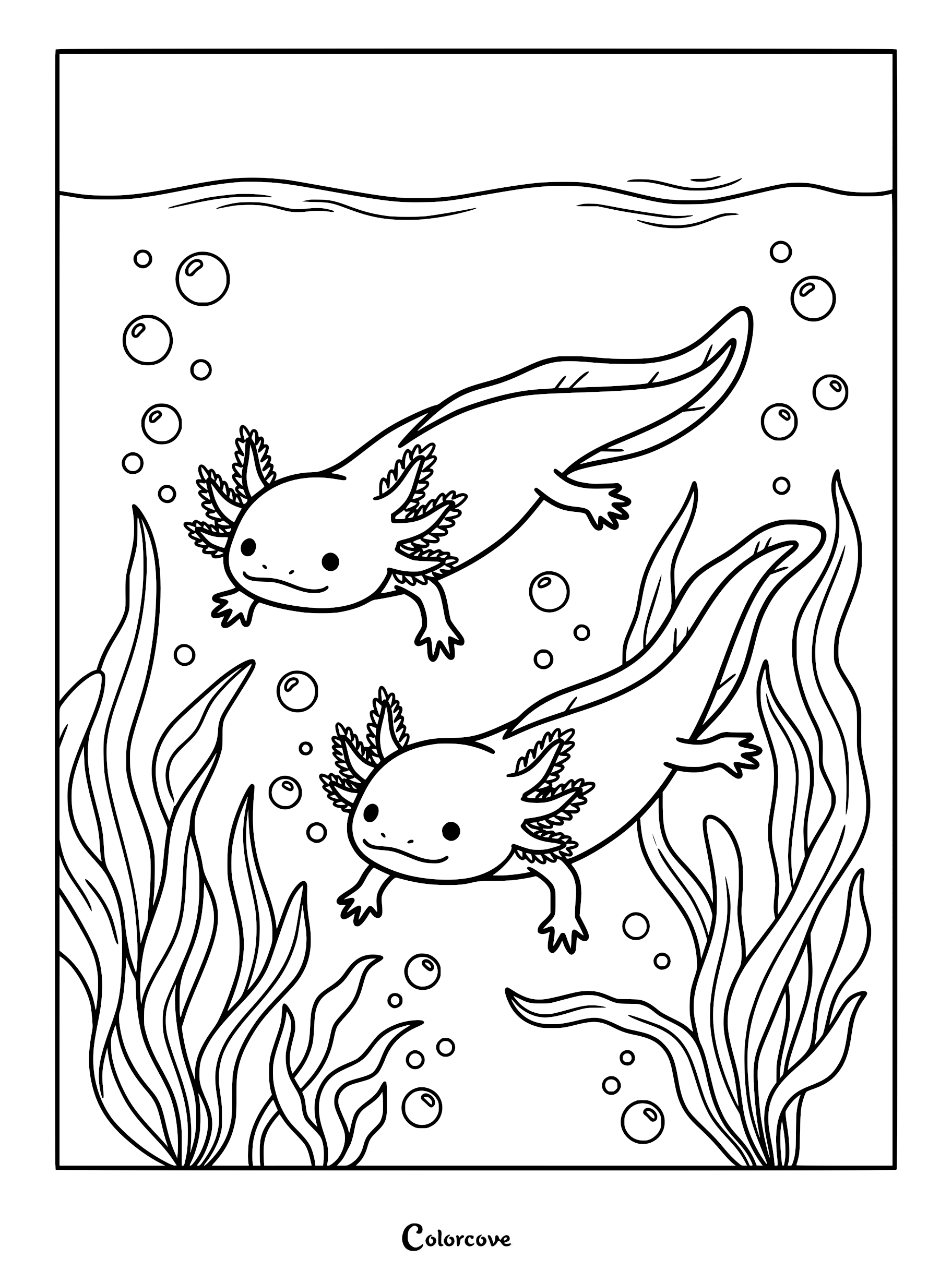 Two cute axolotls swimming among underwater seaweed and bubbles in this printable coloring page.