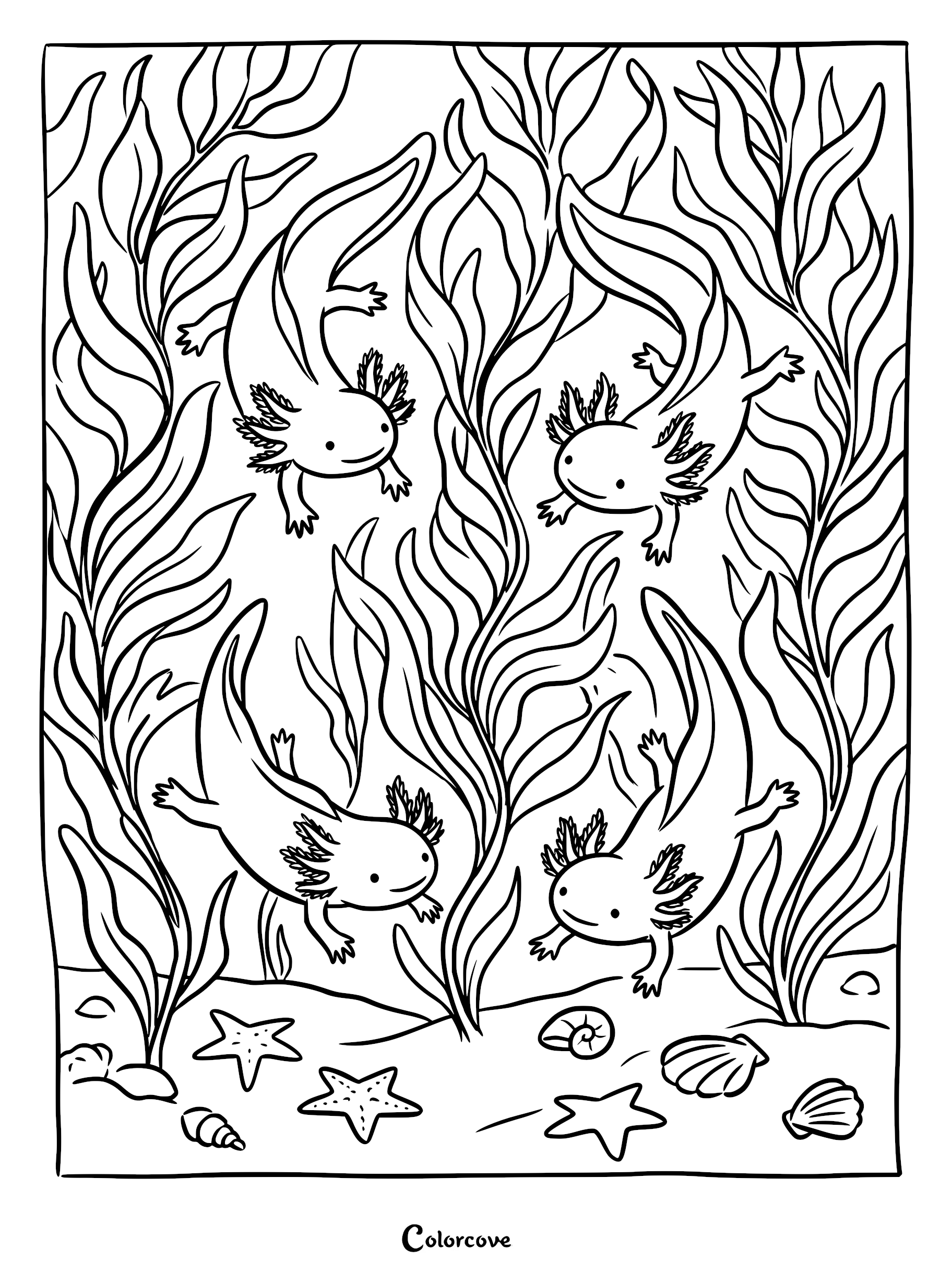 Four cute axolotls swimming among tall seaweed and seashells in this printable coloring page.
