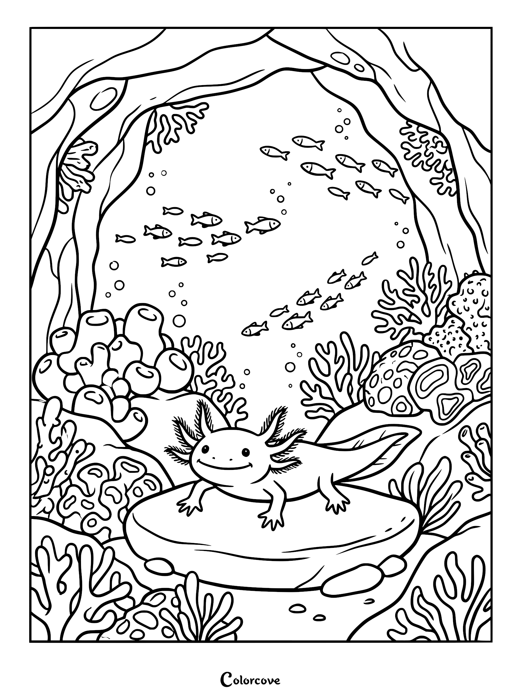 A cute axolotl resting on a rock in a coral reef, featured in a detailed line art coloring page with schools of small fish.