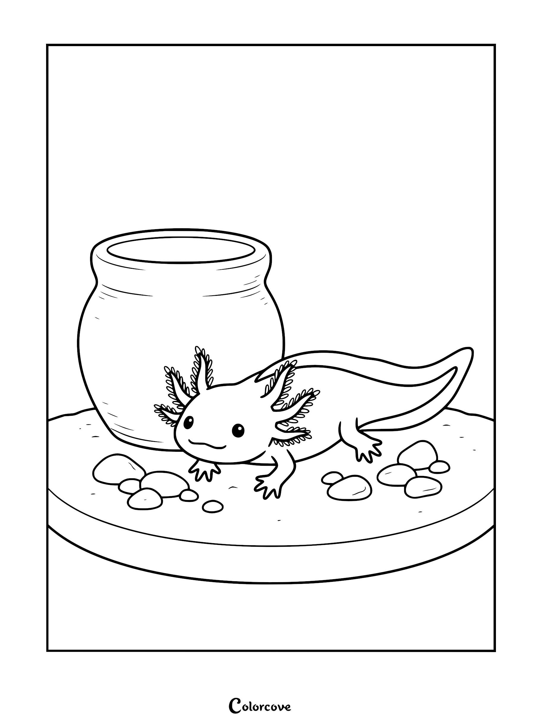 A cute axolotl resting on a sandy surface next to a small ceramic pot, surrounded by pebbles, in a simple line art coloring page.
