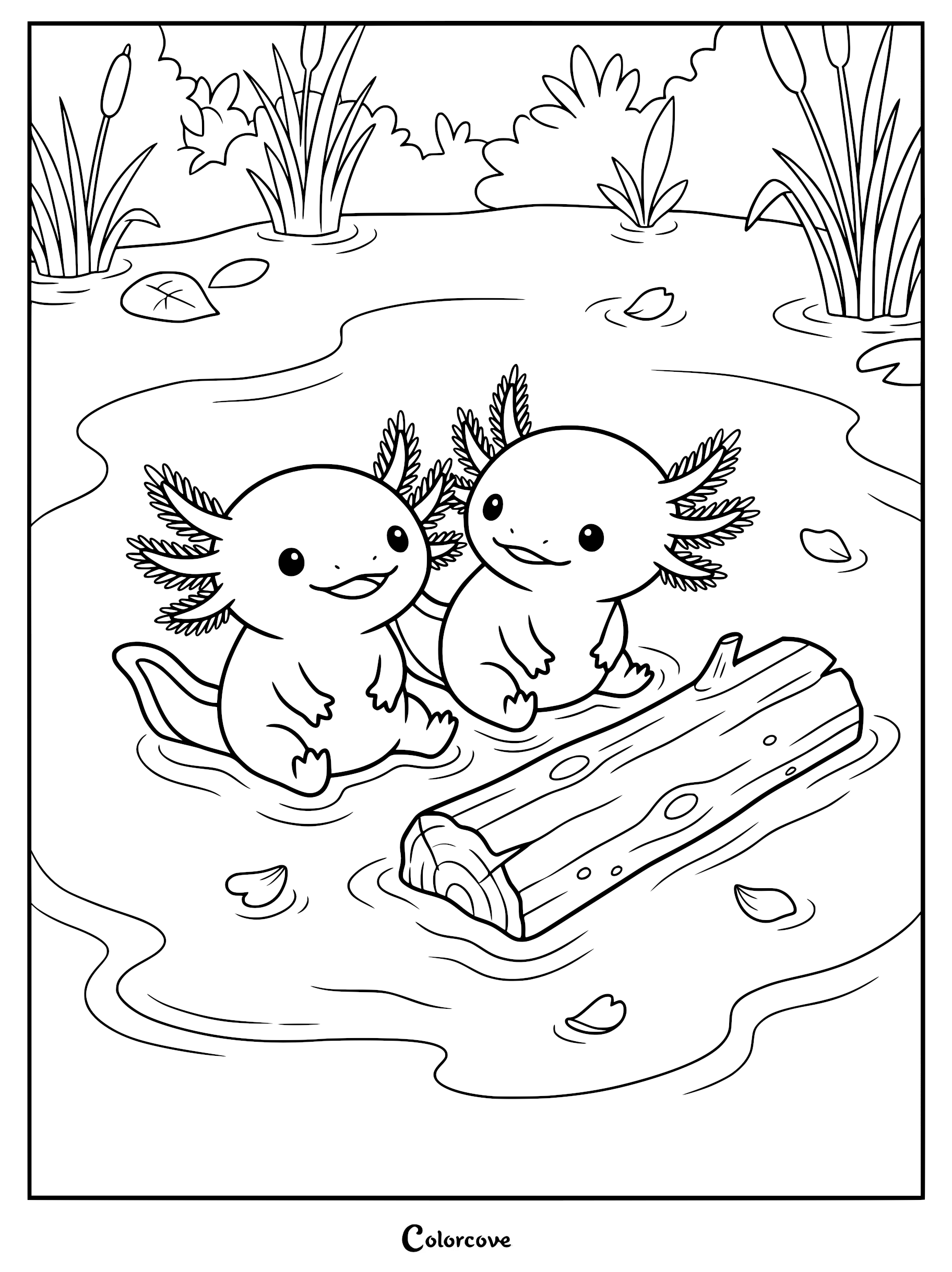 Two happy axolotls sitting in a pond next to a floating log, line art coloring page style.