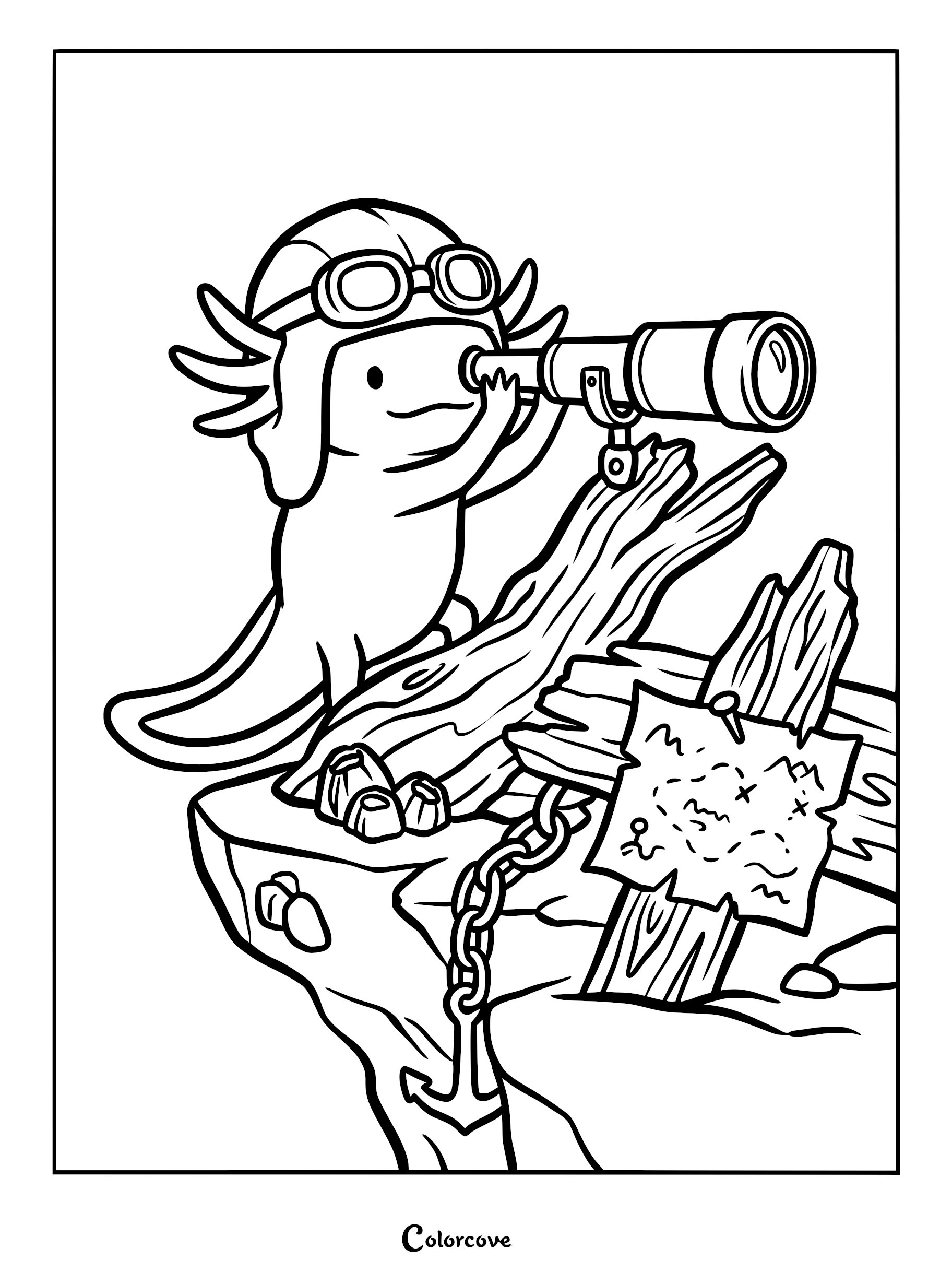 A cute axolotl wearing aviator goggles looking through a telescope on a wooden dock with a treasure map, printable coloring page.