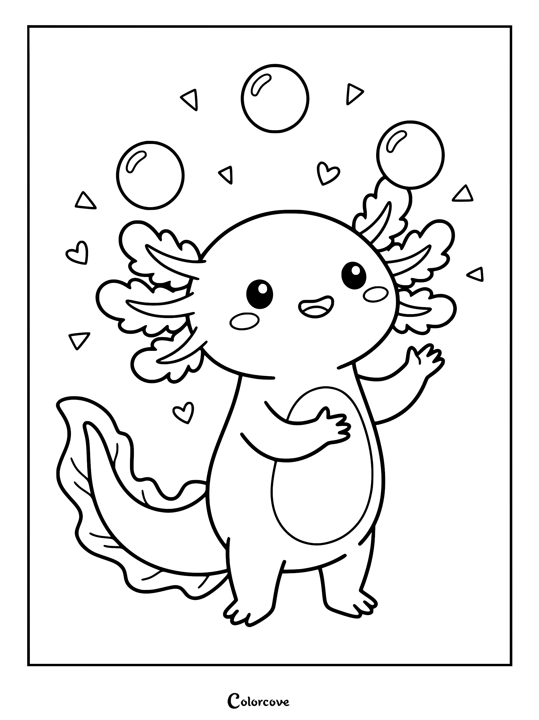 A cute axolotl with frilly gills standing and reaching for floating bubbles in this printable coloring page.