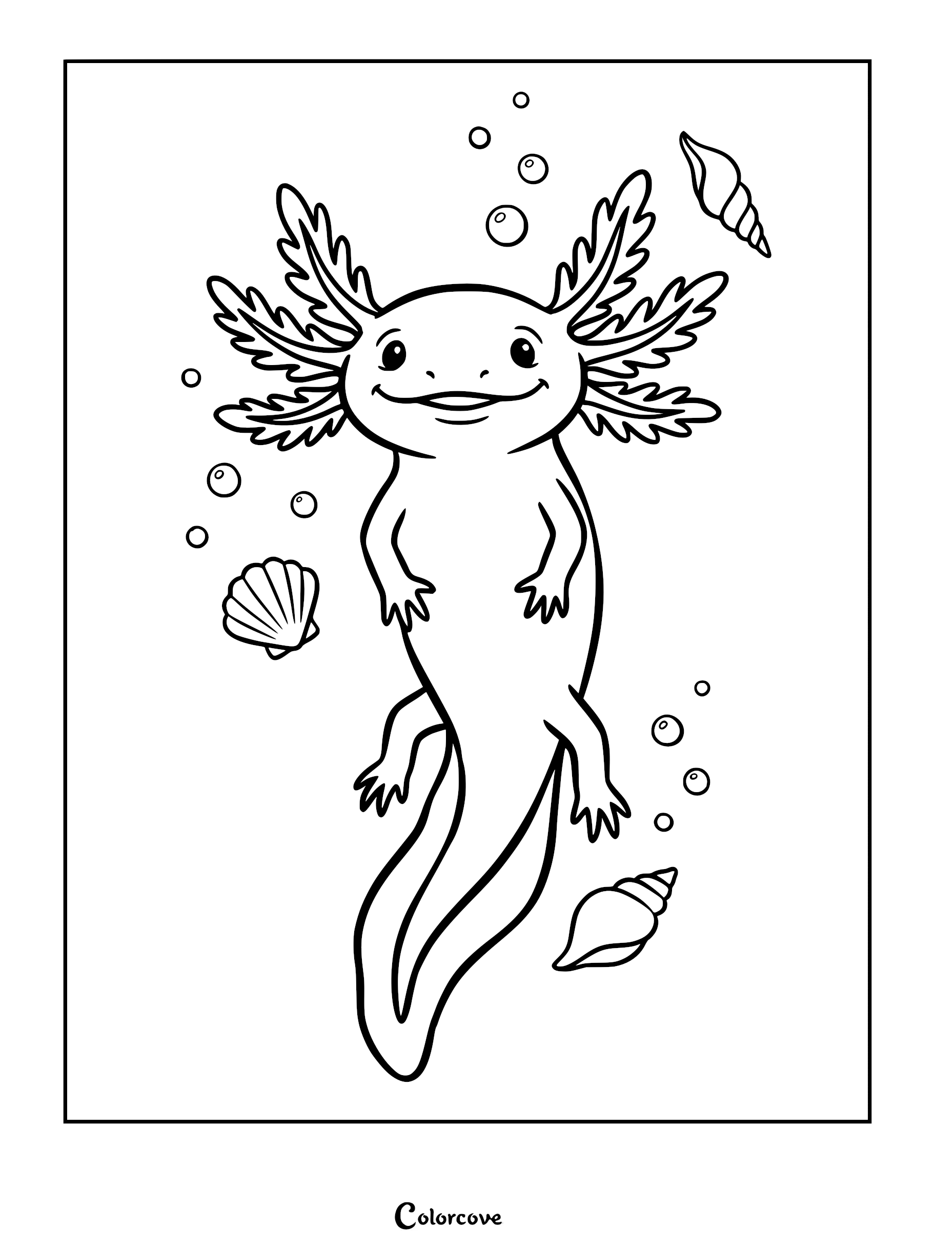 A cute axolotl swimming with seashells and bubbles in a line art coloring page style.