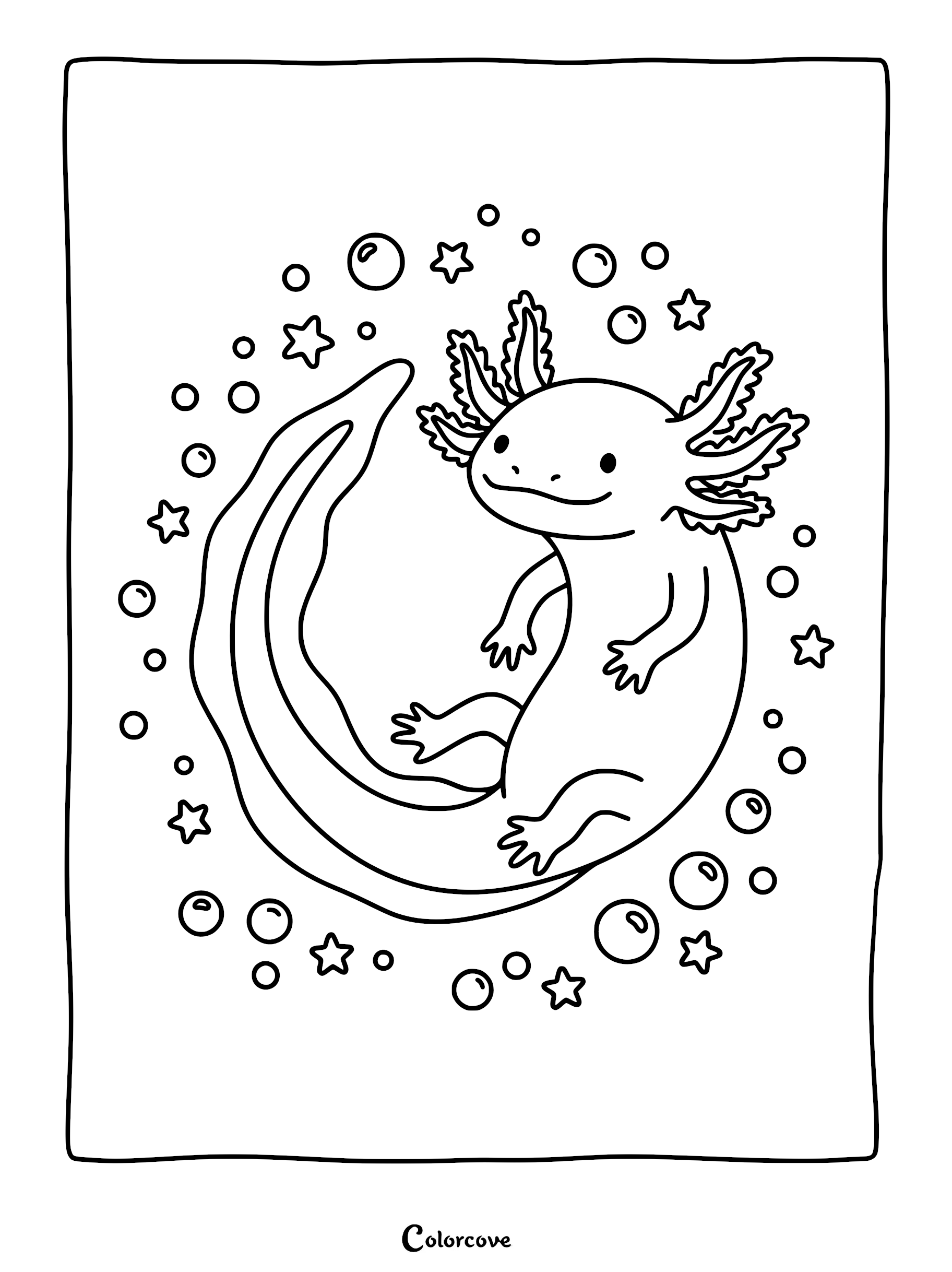 A cute axolotl floating in water surrounded by bubbles and stars in this simple line art coloring page.