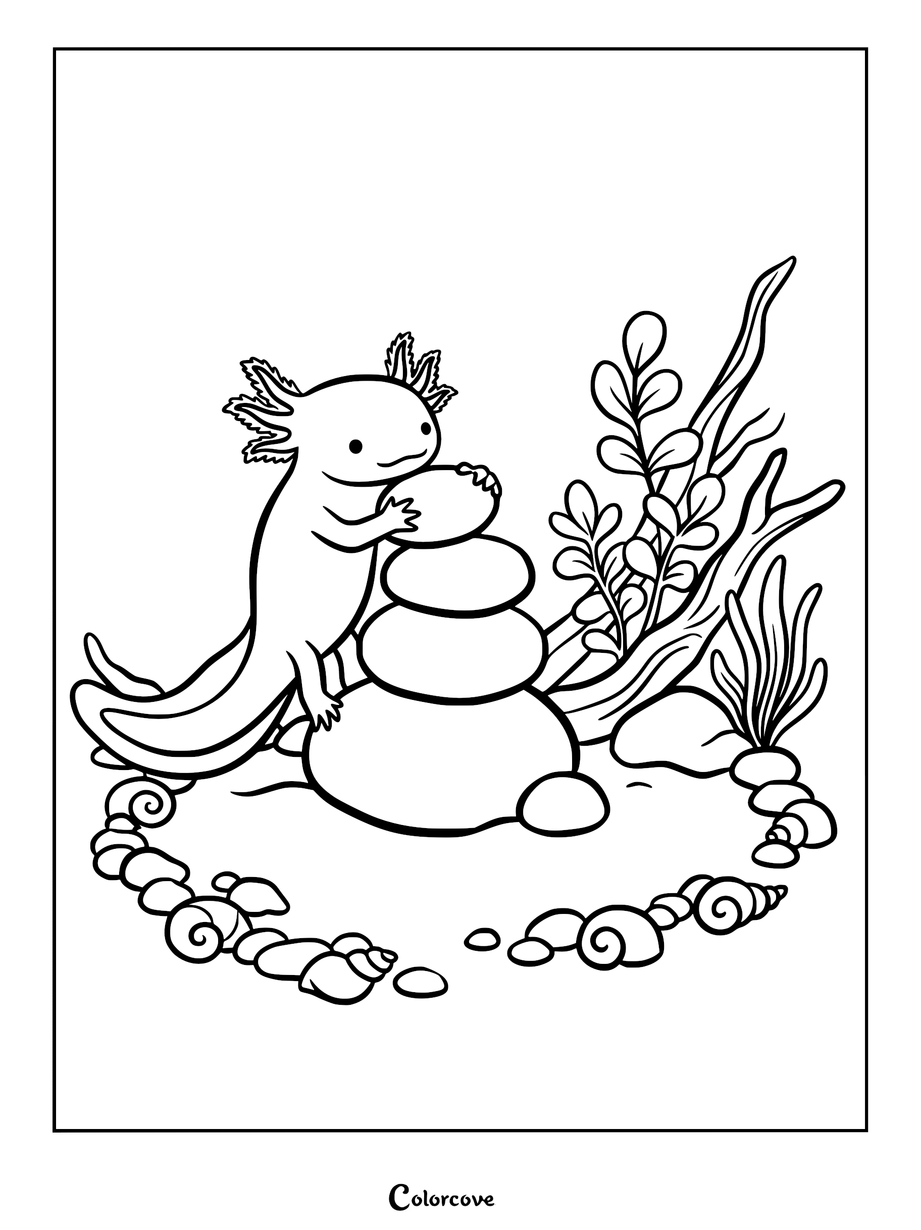 A cute axolotl stacking smooth river stones in an underwater scene with aquatic plants and seashells on this printable coloring page.