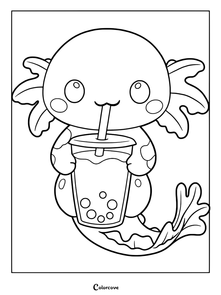 Una página para colorear imprimible con un tierno ajolote bebiendo felizmente té boba con perlas.