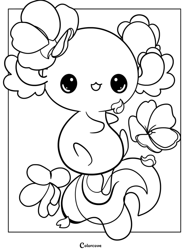 Dibujo de ajolote para colorear con un ajolote feliz adornado con grandes flores y elementos florales.